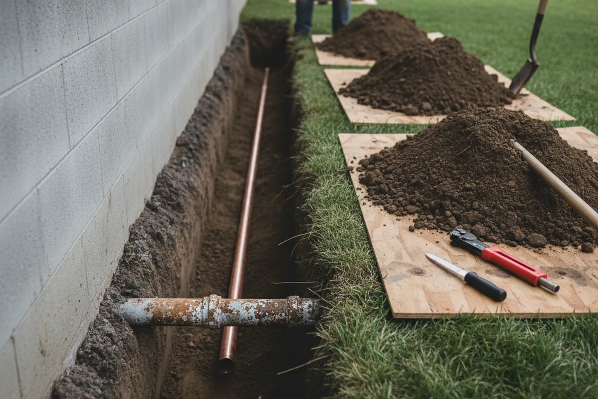 Excavated water line trench during Water Softener Installation in Enon Valley